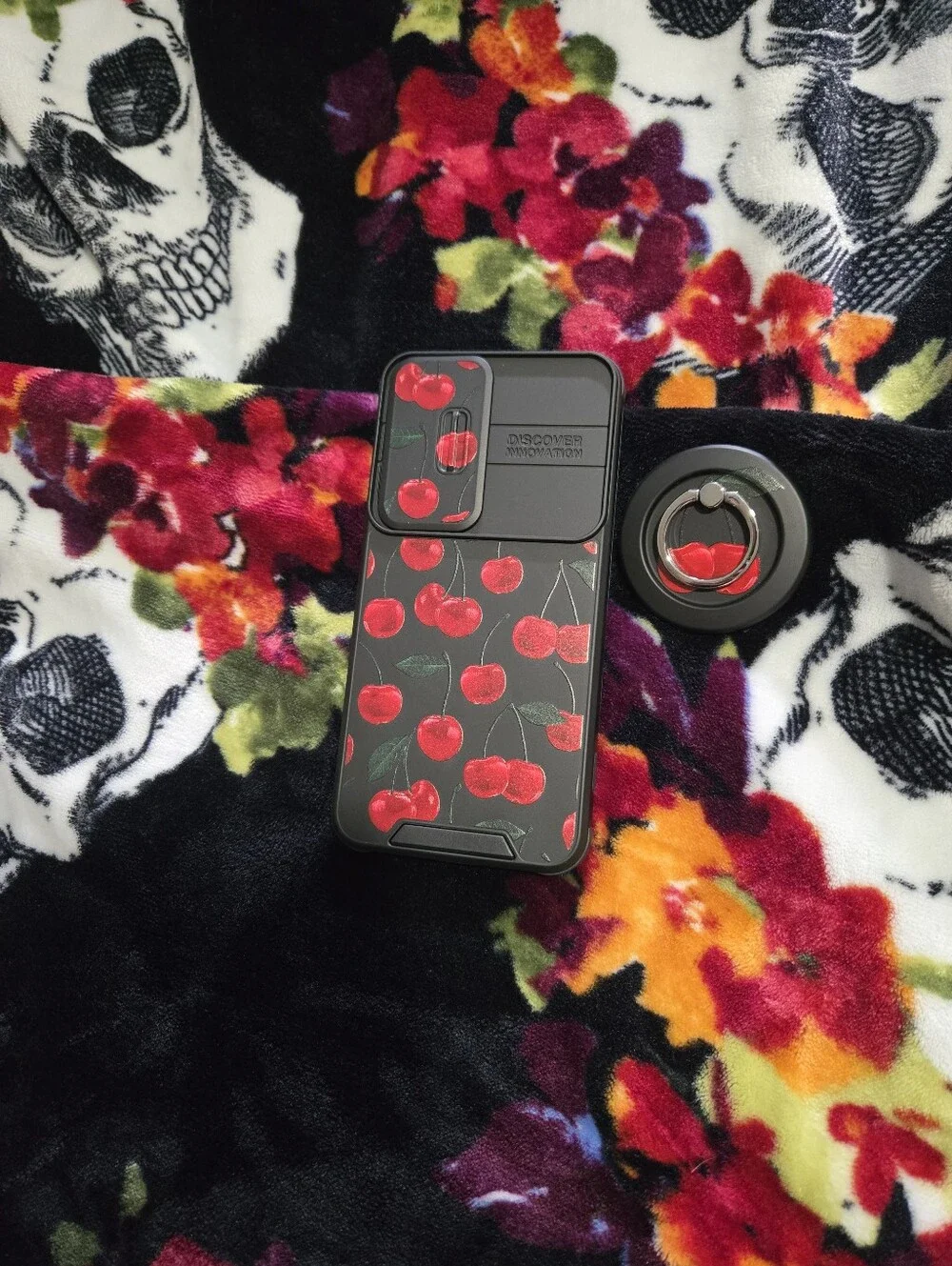 Samsung S24Plus Cherry Print Black Phone Case with Ring Holder